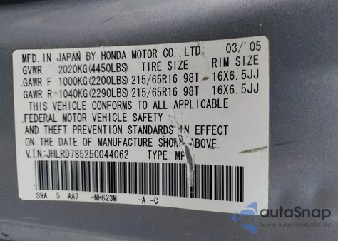 2005 Honda Cr-V Lx из США, поврежденный, VIN JHLRD78525C044062